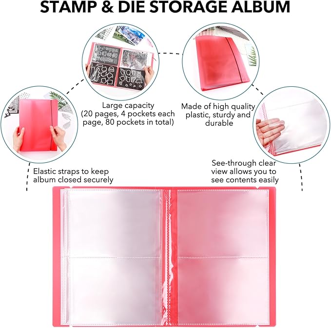 10 Pcs 0.3mm Magnet Sheets and 80 pockets/20 pages Storage Album for Stamp and Cutting Dies Storage Book Organizer Folder for Storage Die Cutting, DIY Scrapbooking Card Making Supplies (Red)
