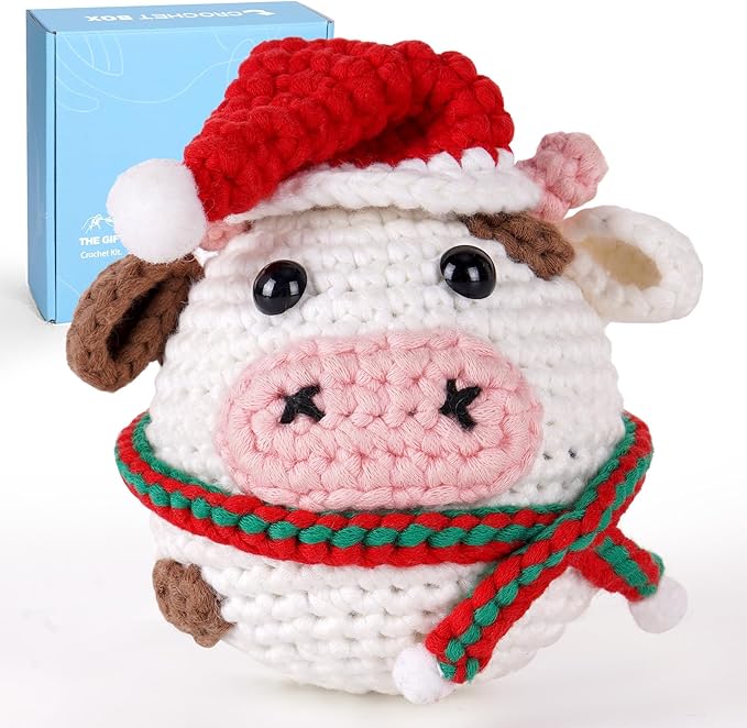 CrochetBox Crochet Kit for Beginners Adults - Christmas Cow Starters Crochet Kit, Beginners Crocheting Kitting for Adults Teen, Craft Gifts with Crochets Yarns, Hook, Step-by-Step Video, Instruction