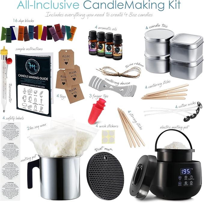 Hearth & Harbor Organic Soy Candle Making Kit for Adults, DIY Crafts, Complete Candle Making Supplies Include Natural Soy Wax, Tins, Electric Pot, Scents, Wicks & More – Gift Idea, Home Decor – 2 Lbs