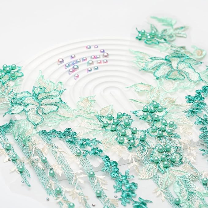 Beaded Pearl Flower Fabric Lace Applique, Floral Embroidered Patches Handmade Sewing Tool for DIY Neckline Bodice Wedding Bridal Prom Dress(Green-Large)