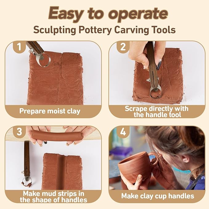 Therwen 2 Pcs Sculpture Scraper Pottery Carving Tool Pottery Cup Handle Shape Clay Extruder Tool Teacup Mug Handgrip Clay Cutters with Wooden Handle for Ceramic Sculpture Craft(Classic Style)