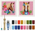 ACRNIGHEET 2Pcs Horse Punch Needle Kits for Adults Beginners, Include Instructions, Punch Needle Embroidery Kit, Pre-Printed Horse and Flower Pattern, Frame, Yarns, Sewing Needles, Exquisite Gifts