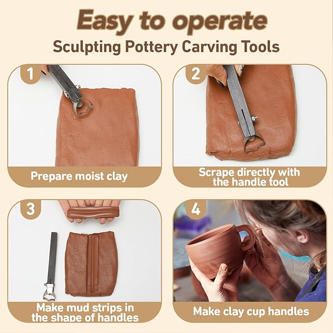 Therwen 2 Pcs Sculpture Scraper Pottery Carving Tool Pottery Cup Handle Shape Clay Extruder Tool Teacup Mug Handgrip Clay Cutters with Wooden Handle for Ceramic Sculpture Craft(Simple Style)