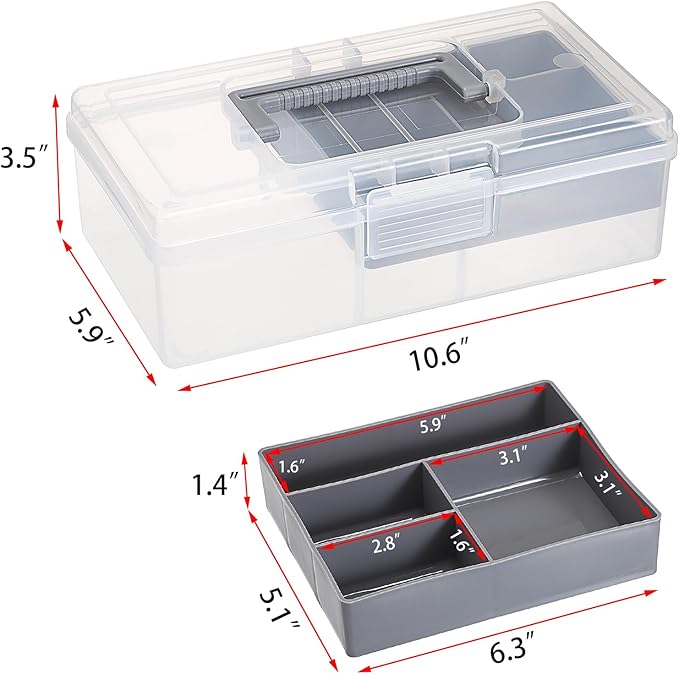 JUXYES Plastic Carry Storage Box with Removable Dividers, Clear Art Craft Supply Storage Bin Sewing Box With Handle Lid, 2 Layers Stationery Storage Case for School/Office Supplies
