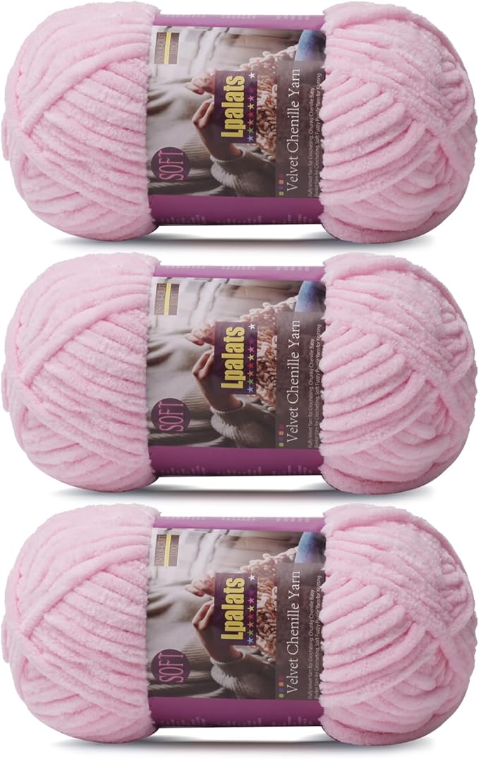 Chunky Chenille Yarn for Crocheting - 3x100g/3.5oz Baby Blanket Yarn for Crocheting Soft - 262 Yards Fluffy Thick Plush Yarns for Knitting Blankets Amigurumi (3, Pale Pink)