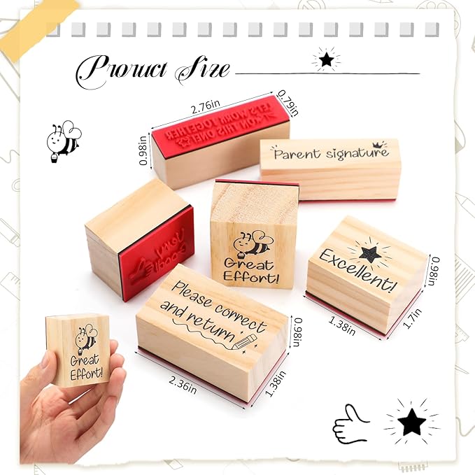 Watersay 6 Pcs Teacher Rubber Stamp Set Motivate Encouraging Messages Wooden Teaching Rubber Stamp Vintage Art for Classroom Grading Home School Teacher Supplies Back School and DIY Card Making