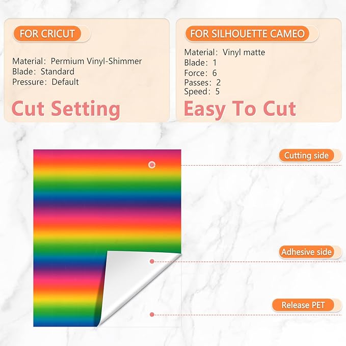 Tintnut Gradient Permanent Adhesive Vinyl - 8 Sheets 12"x10" Rainbow Ombre Glossy Patterned Permanent Adhesive Vinyl for Cutting Machine, Home Decor Self Sticker