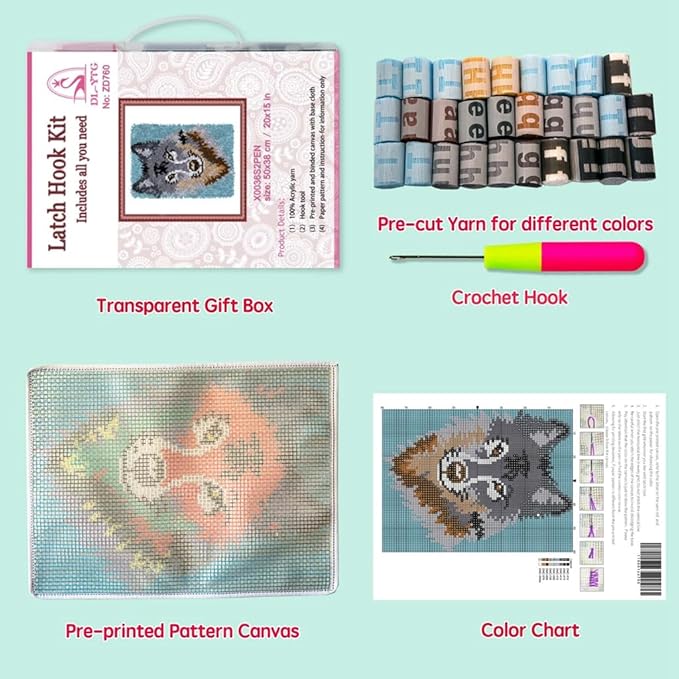DL-YTG Latch Hook Kits Rug Wolf Crochet Yarn Cushion Colour Pre-Printed Canvas Cover Rug Needlework DIY Hook and Latch Kit Home Decoration 52x38cm/20 X15inch