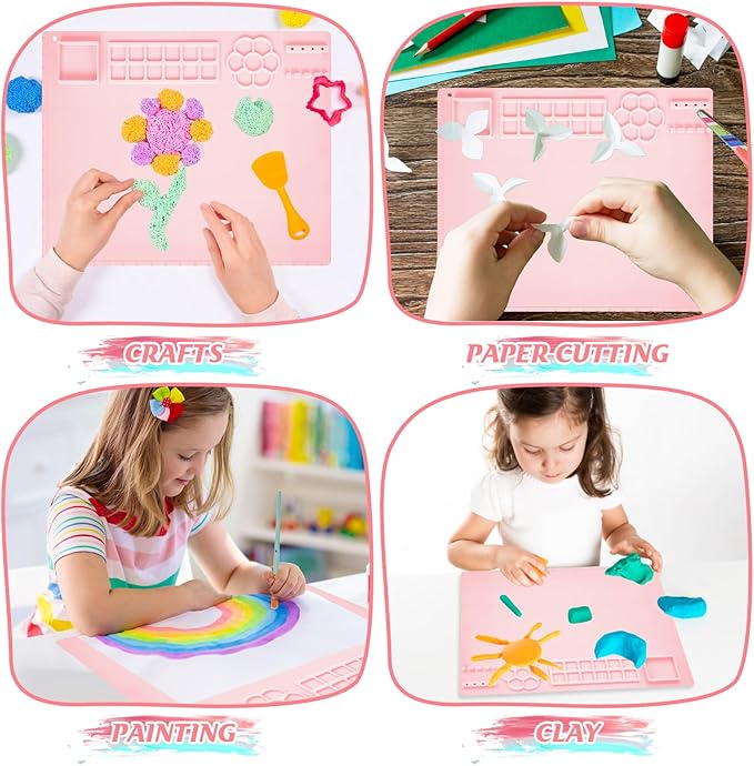 2025 New Painting Station, Paint Brush Cleaner (Pre-Assembled) and Silicone Painting Mat 20"X16" Silicone Art Mat with 10 Paint Brushes for Artist Kids Adults Birthday Gifts (Pink)