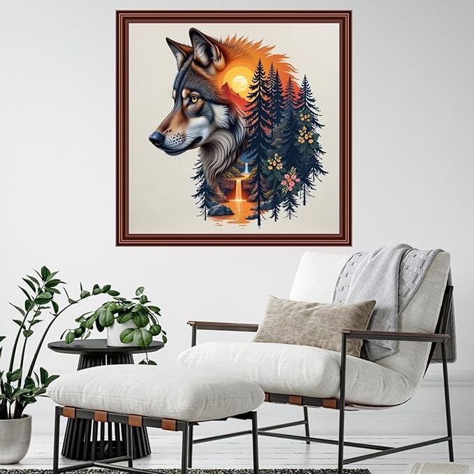 Dimensean Counted Cross Stitch Kit for Beginners, 11CT Unprinted Cross-Stitch Kit Easy Patterns Needlepoint Kit Cross Stitching Embroidery Kit Supplies-Abstract Wolf Landscape 18x18 inch