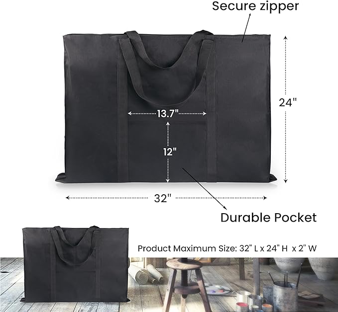 JJRING Dacron Light Weight Art Portfolio Bag, 24'' x 32'' for 23'' x 31'', Black Carrying Storage Case for Poster, Sketching, and Drawing