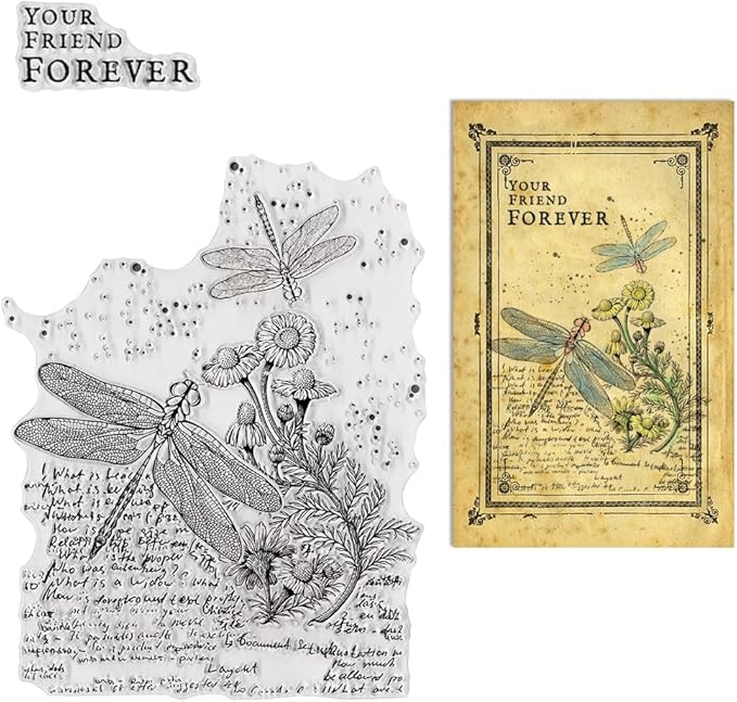 Flowers Dragonfly Background Clear Stamps for Card Making and Journaling, Retro Flowers Words Rubber Stamps Floral Leaves Scenery Stamps for Scrapbooking DIY Cards Album Crafts Supplies