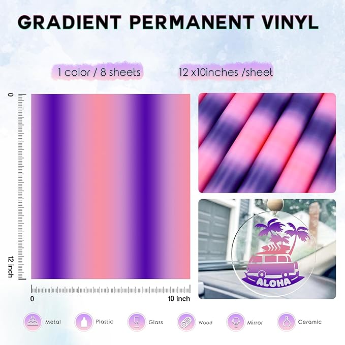 Tintnut Pink Purple Permanent Vinyl - 8 Sheets 12"x10"Gradient Adhesive Self Sticker, Ombre Glossy Self Sticker Water Proofing Vinyl Compatible with Cricut Or Silhouette