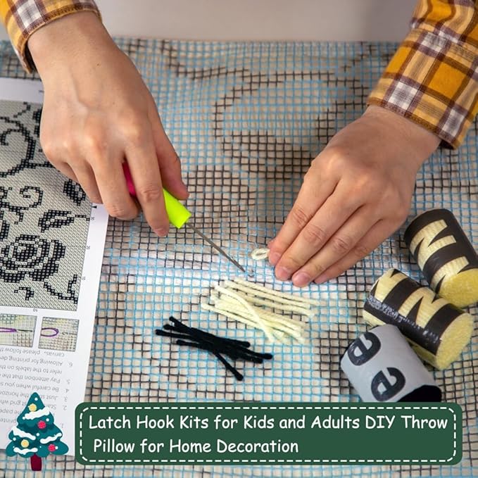 DL-YTG Latch Hook Kits Pillow Black Rose Flower Crochet Yarn Cushion Colour Pre-Printed Canvas Rug Needlework DIY Pillowcase Hook and Latch Kit Christmas Home Crafts Sofa Decoration 42x42cm/17 X17