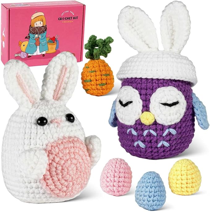 yhwsymgmho Crochet Kit for Beginners:2pcs Animals Crochet Starter Kits with Step-by-Step Video Tutorials,Easy Knitting Set for Adults Kids,DIY Crocheting Doll Gift(Thanksgiving Bunny and owl)