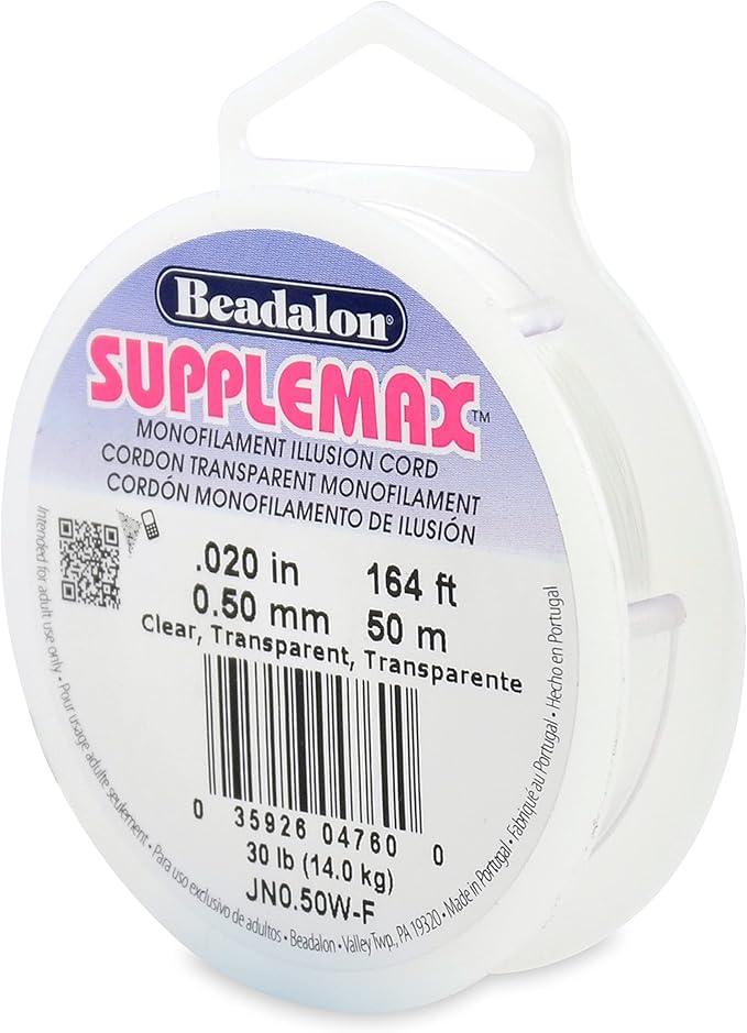 Beadalon SuppleMax Illusion Beading Cord, 0.50 mm / 0.020 in, Clear Monofilament, 50 m / 164 ft