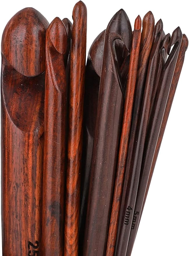 Wooden Crochet Hooks Set (15 pcs, 3.5mm(E) to 25mm(P) - Engraved Rosewood Knitting Needles for Crocheting and Knitting, Crochet Hooks Ergonomic Soft Grip Handle