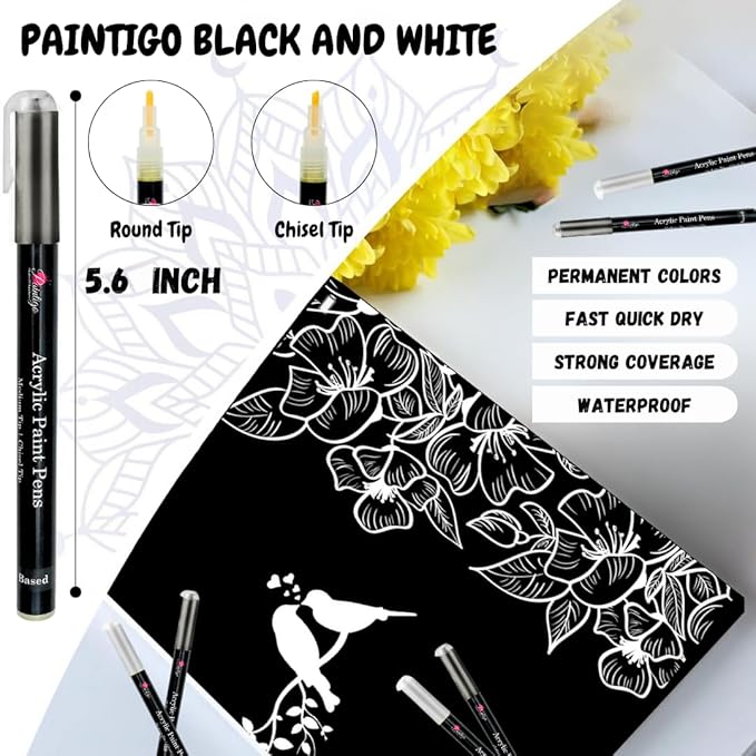 Acrylic Paint Pens,8 Pack 4 Black and 4 White Paint Markers, Paint Pens for Rock Painting Stone, Ceramic, Wood, Plastic, Glass, Metal, Canvas,Drawing, Water-Based Acrylic Paint Sets