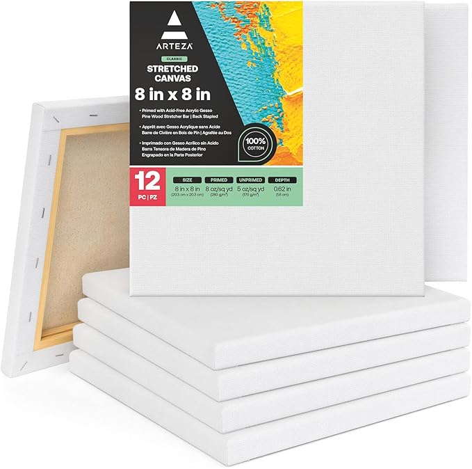 ARTEZA Stretched Canvas, 8 x 8 Inches, Pack of 12, Blank White Square Canvas for Painting for Acrylic, Oil and Gouache Paints