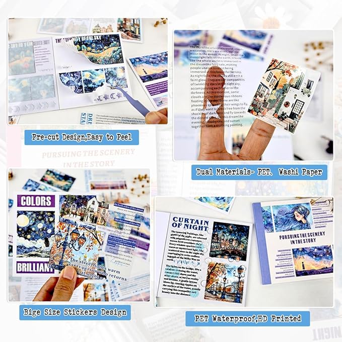 40 Sheets Pre-Cut PET Washi Sticker Books for Journaling, 2Pack Watercolor City and Night Sky Themes, Scrap Book Stickers for Scrapbooking, Junk Journal Supplies, Aesthetic Collage