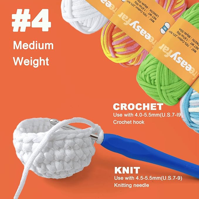 4x50g Beginner Easy Yarn Kit for Crocheting and Knitting; Worsted-Weight Medium #4;Crocheting and Knitting kit with Tool Set (Sunglow+Blue+Green+White, 4 Skein)