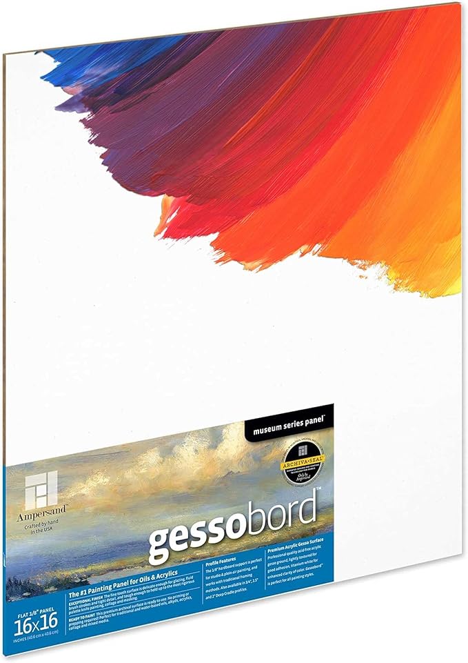 Ampersand Art Supply Museum Series Gessobord | 16x16 | 1/8" Flat Profile | Gesso Wood Painting Panel for Oil and Acrylic Paint & Mixed Media | Canvas Panel Alternative in Professional Art Supplies
