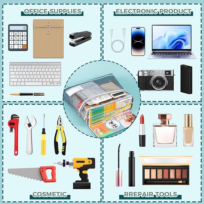 Pendancy Mesh Zipper Pouch A4 Size, Large Double Pocket Lightweight Nylon Transparent File Bag with Handle, 11x13.8 in Foldable Document Storage for Puzzle Project/Cross Stitch/Travel/Office (Gray)