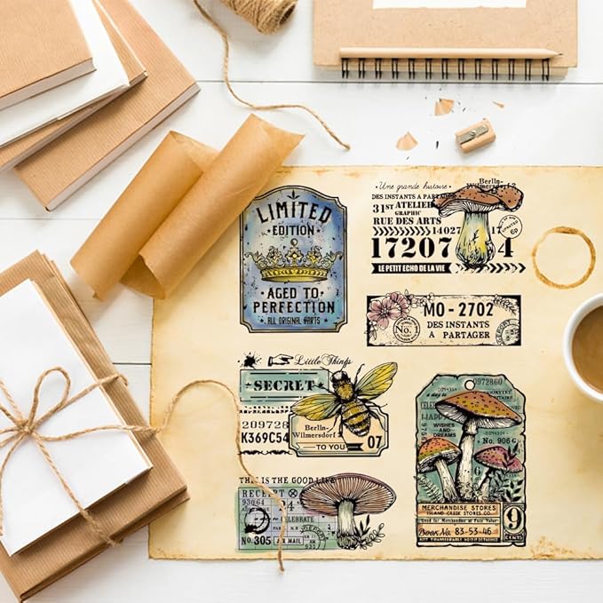 GLOBLELAND Retro Mushroom Bee Cling Rubber Stamp 7.09x8.66inch Crown Labels EVA Rubber Stamps Embossing Stamp Seal for DIY Scrapbooking and Card Making Paper Craft Decor