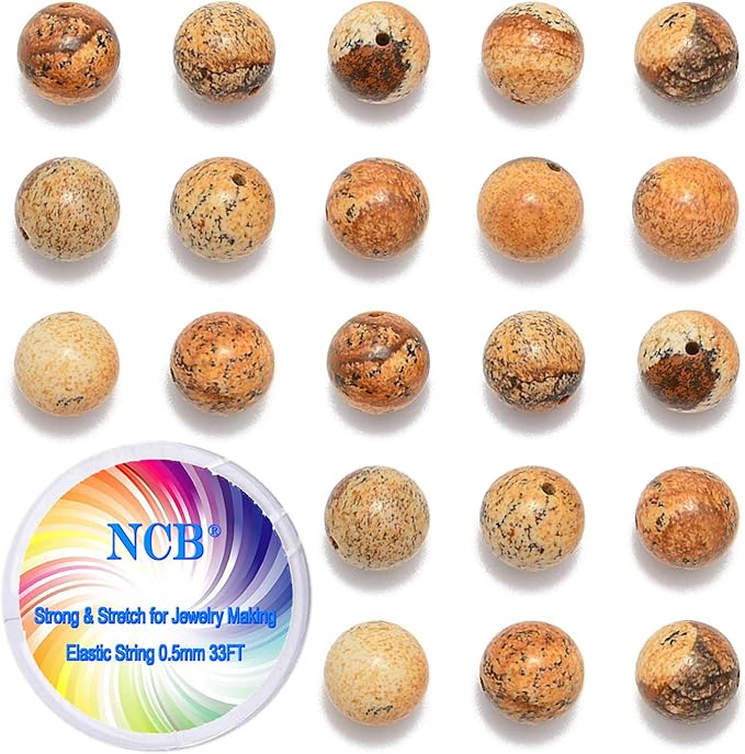 NCB 100pcs Natural Stone Beads Round Loose Beads 6mm with Elastic String and Beading Needle for Jewelry Making DIY Bracelet Necklace, Stretch Unisex (Yellow Picture Jasper, 6mm 100Beads)