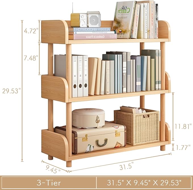 3-Tier Wooden Open Bookcase - Modern Display Bookshelf with Top Edge and Solid Wood Frame for Home and Office, Storage Cabinet, Oak