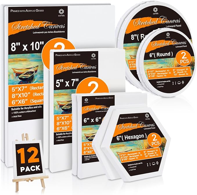 CONDA Stretched Canvas for Painting, 12 Packs Multi Size with 8" Round, 10" Round, 6" Square, 3" Hexagon, 5×7", 8×10" Primed Blank Canvas (2 of Each), 100% Cotton Artist Canvas for Acrylics Oils Paint