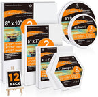 CONDA Stretched Canvas for Painting, 12 Packs Multi Size with 8" Round, 10" Round, 6" Square, 3" Hexagon, 5×7", 8×10" Primed Blank Canvas (2 of Each), 100% Cotton Artist Canvas for Acrylics Oils Paint