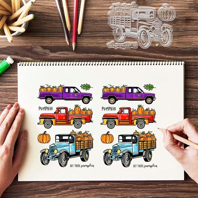GLOBLELAND Autumn Truck Pumpkin Clear Stamps Harvest Maple Leaves Silicone Clear Stamp Seals Text Transparent Stamps for DIY Scrapbooking Cards Making Photo Album Journal