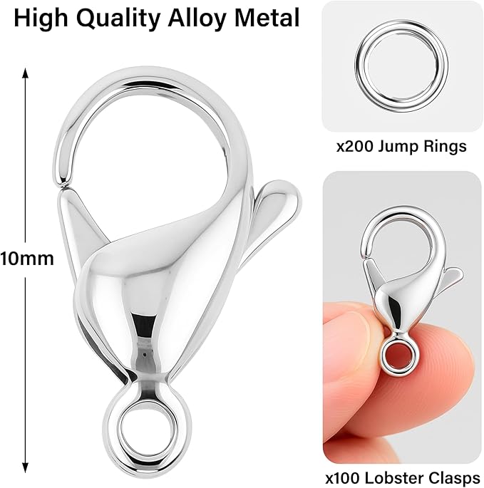 Mandala Crafts 10mm Silver Color Metal Lobster Clasps for Jewelry Making - 100 Lobster Claw Clasps with Jump Rings Jewelry Findings Kit for Necklaces Bracelets Charms Fasteners