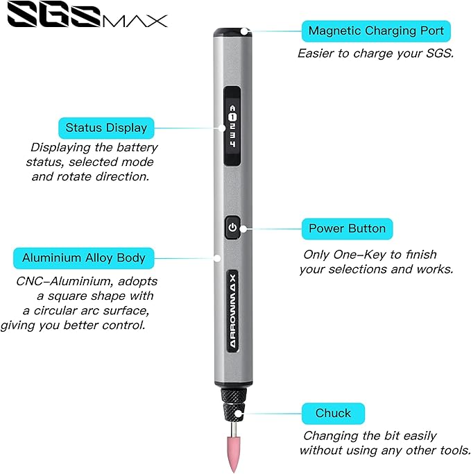 AM ARROWMAX Smart Engraving Pen, HollowCup Motor, 42 Bits with Aluminum Case, OLED, Magnetic Charge, Mini Electric Engraving Tool for Metal, Wood, Glass and Plastic (SGS MAX)