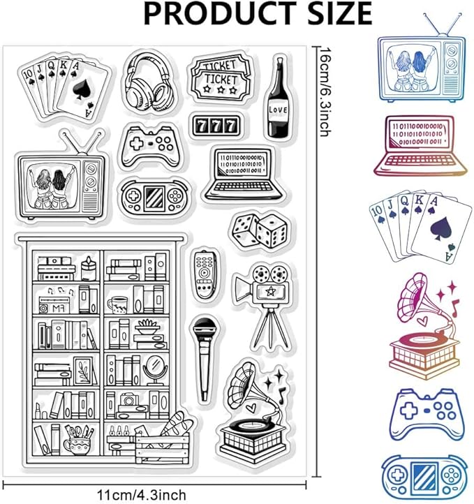 CHGCRAFT Leisure Games Clear Stamps Bookshelf Record Player Stamps Silicone Stamps Transparent Paper Craft Stamps for Journaling Card Making DIY Scrapbooking Handmade Photo Album Notebook