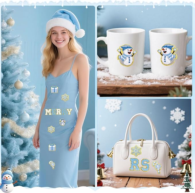 72 Pcs Winter Stickers Patches Snowflake Chenille Christmas Patches Self Adhesive Embroidered,Include 52 A-Z Letters Patch,20 Snowman Gloves Penguin Stick on Patch for Trucker Hats Backpacks Bags