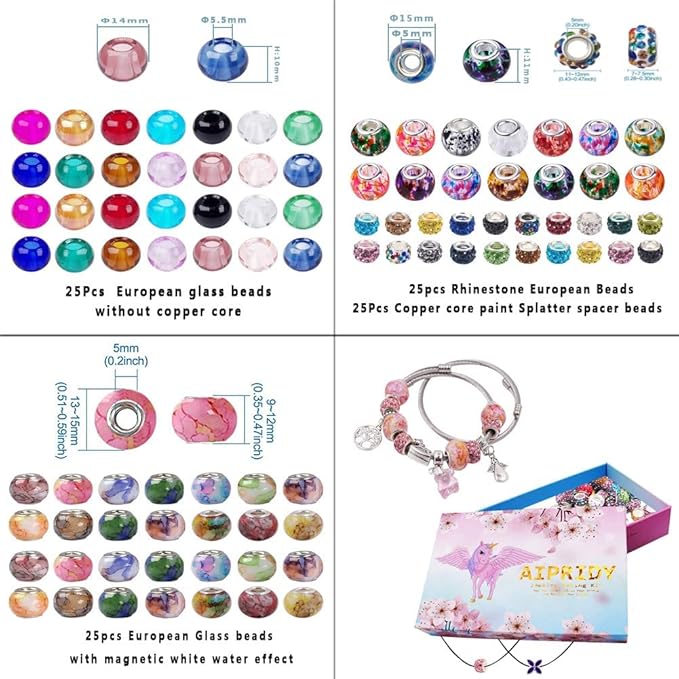 100 PCS Assorted European Beads with Copper Core Big Hole Glass Spacer No Copper Core Lampwork Colorful Beads Rhinestone Craft Beads for DIY Charm Bracelet Jewelry Making (Magnetic White Water Mark)
