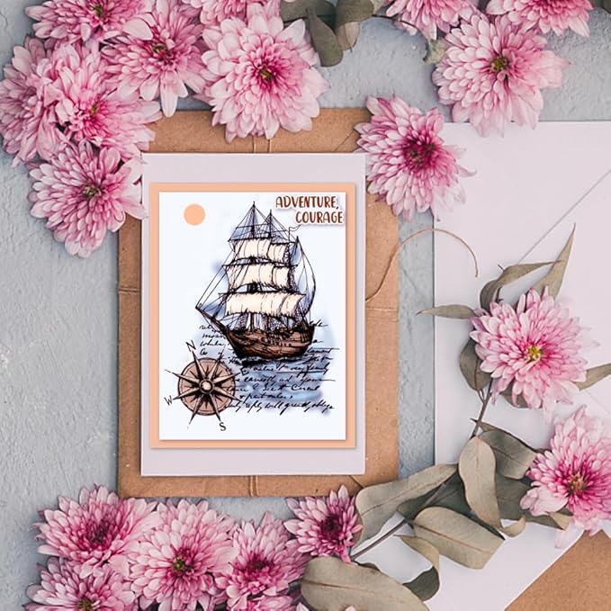 CHGCRAFT Vintage Sailboat Clear Stamps Compass Transparent Stamps Silicone Clear Stamp Seals for DIY Scrapbooking Photo Album Decoration, 4.3x6.3inch