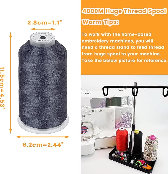 New brothread - Single Huge Spool 4000M Each Polyester Embroidery Machine Thread 40WT for Commercial and Domestic Machines - Dark Gray (Janome Color)