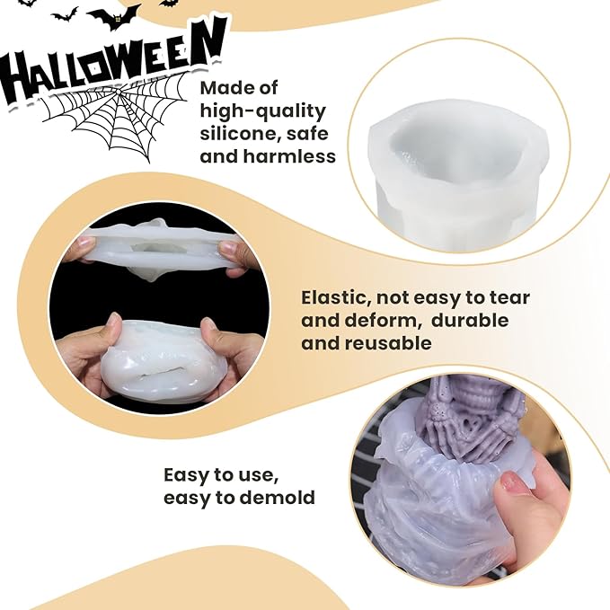 2Pcs 3D Skull Candle Silicone Mold，Skeleton Epoxy Resin Casting Mold, Horror Wax Candle Making Mould for Candle Handmade Halloween Wax Making Polymer Clay DIY Craft