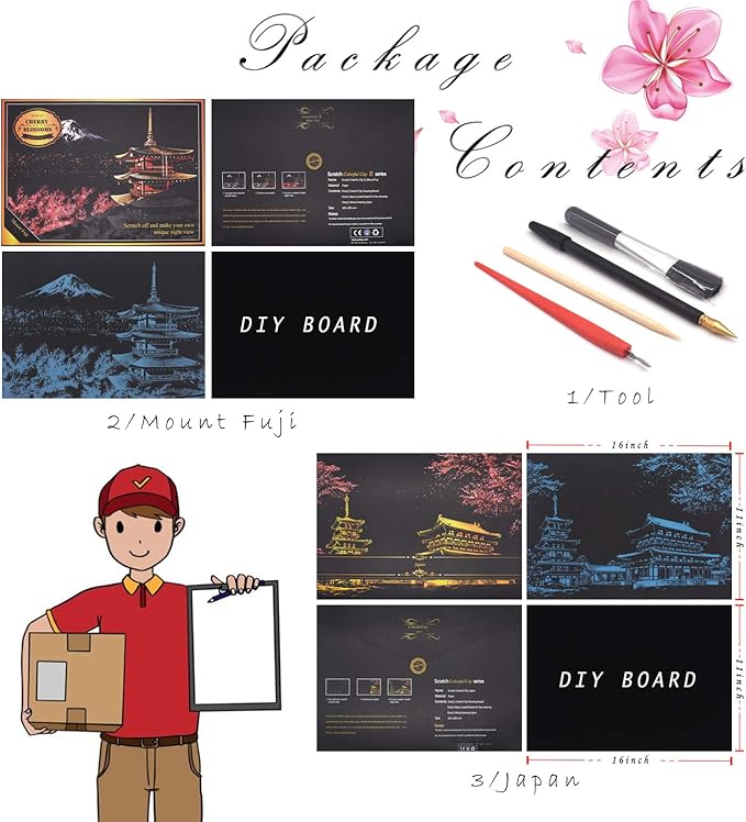 DESINIK Scratch Painting Art for Adults & Teens - 2 Sheets Rainbow Scratch Painting Kit, Scratch Painting Foil Art for Adults,Stress Relief Adult Craft Kits A3(Mt. Fuji, Japan)