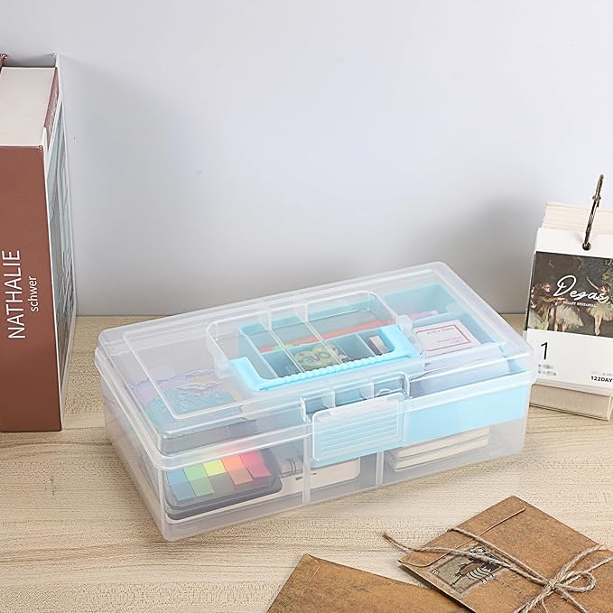 JUXYES 2 Pack Plastic Carry Storage Box with Removable Dividers, Clear Art Craft Supply Storage Bin Sewing Box with Handle Lid, 2 Layers Stationery Storage Case for School/Office Supplies Light Blue