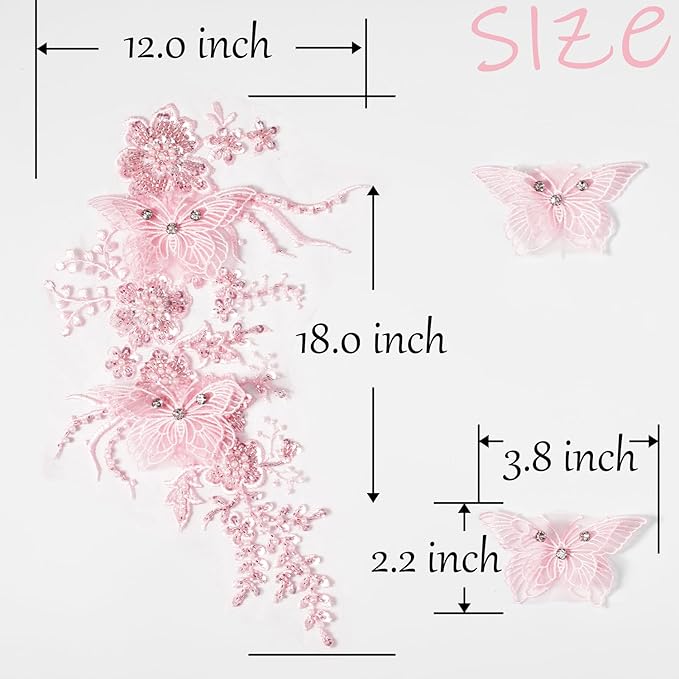 Flower Pearl Fabric Rhinestones Beaded Lace Applique,3D Butterfly Embroidered Lace Patch for Clothes,Dress (Pink)