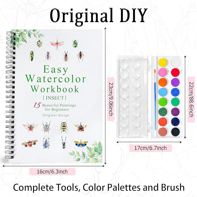 Watercolor Workbooks, 16 Colors Water Color Books Paint Set for Adults, Watercolor Coloring Book for Beginners, Water Color Workbook, 15 Beautiful Paintings for Beginners (Insect)