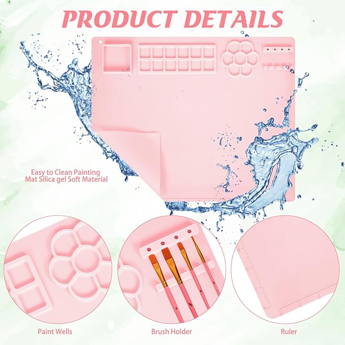 2025 New Painting Station, Paint Brush Cleaner (Pre-Assembled) and Silicone Painting Mat 20"X16" Silicone Art Mat with 10 Paint Brushes for Artist Kids Adults Birthday Gifts (Pink)