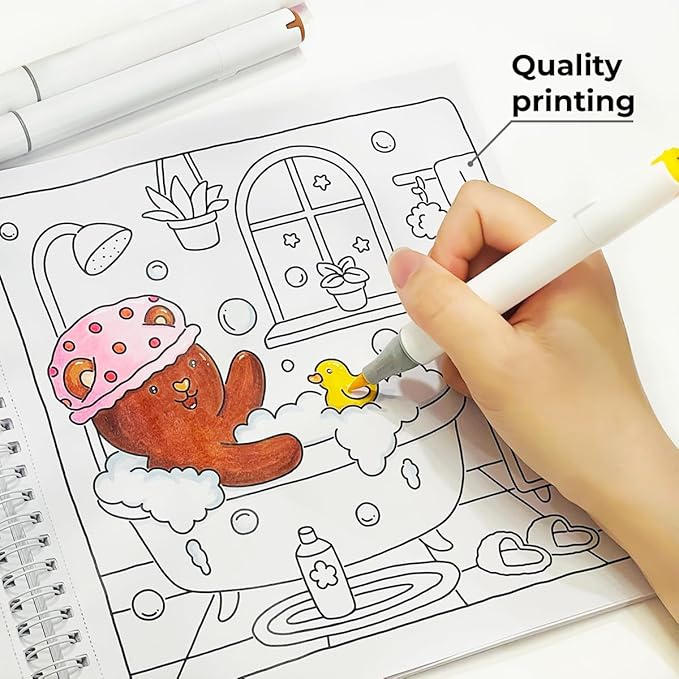 Fuzzy Friends Coloring Book with 2 Sets of Miniature Sticker Scenes for Adults & Teens