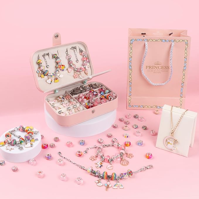 YJK Charm Bracelet Making Kit for Girls, for Aged 5 6 7 8 9 10 11 12 Year Old Girl Birthday Gift Ideas! Jewelry Making Kit for Girls 8-12, Bracelet Charms for Bracelet Making, Charm Necklace Kit