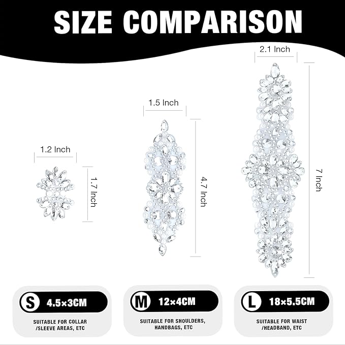 PEARLY JUN 11 Pcs Silver Rhinestone Applique Patches Pearl Rhinestone Patches Iron on Appliques for Dresses Hand Sewing Craft Projects DIY Wedding Clothes Shoes Hats Bags Embellishments