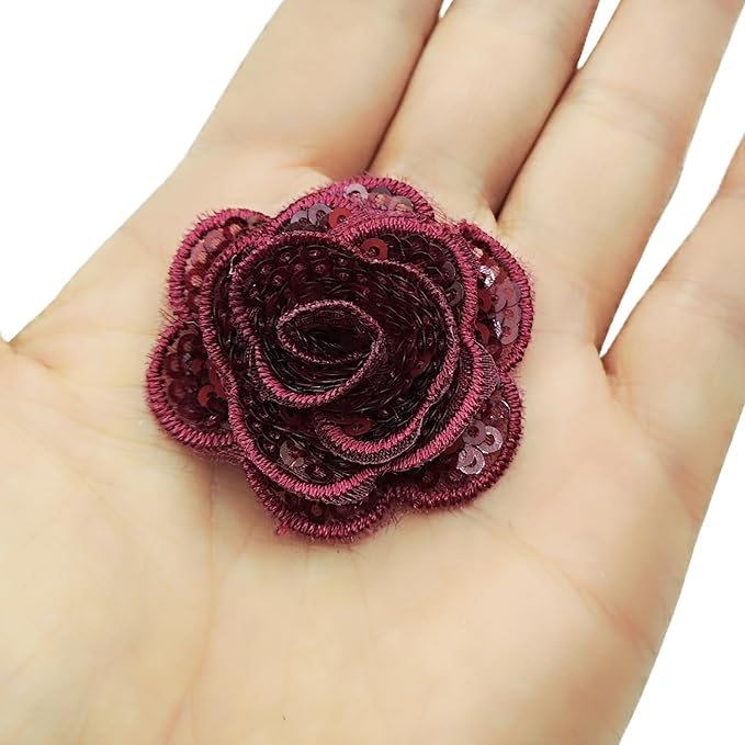 5 PC Rose Flower Sequins Lace Embroidery Patch Applique Trim Wedding Dress DIY Sewing Craft Clothes Applique, 1.6 Inch, Burgundy